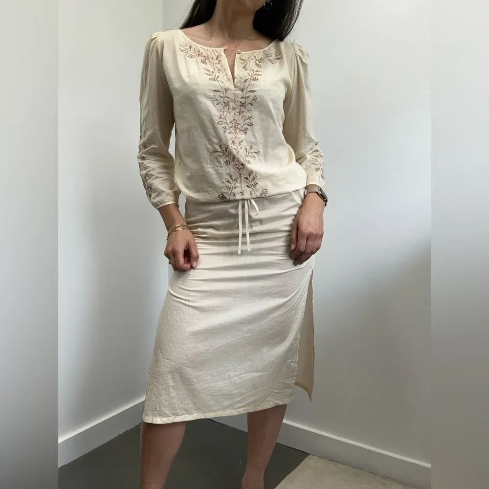 Vintage 90’s Express Beige Boho Embroidered Cotton Midi Long Sleeve Dress XS